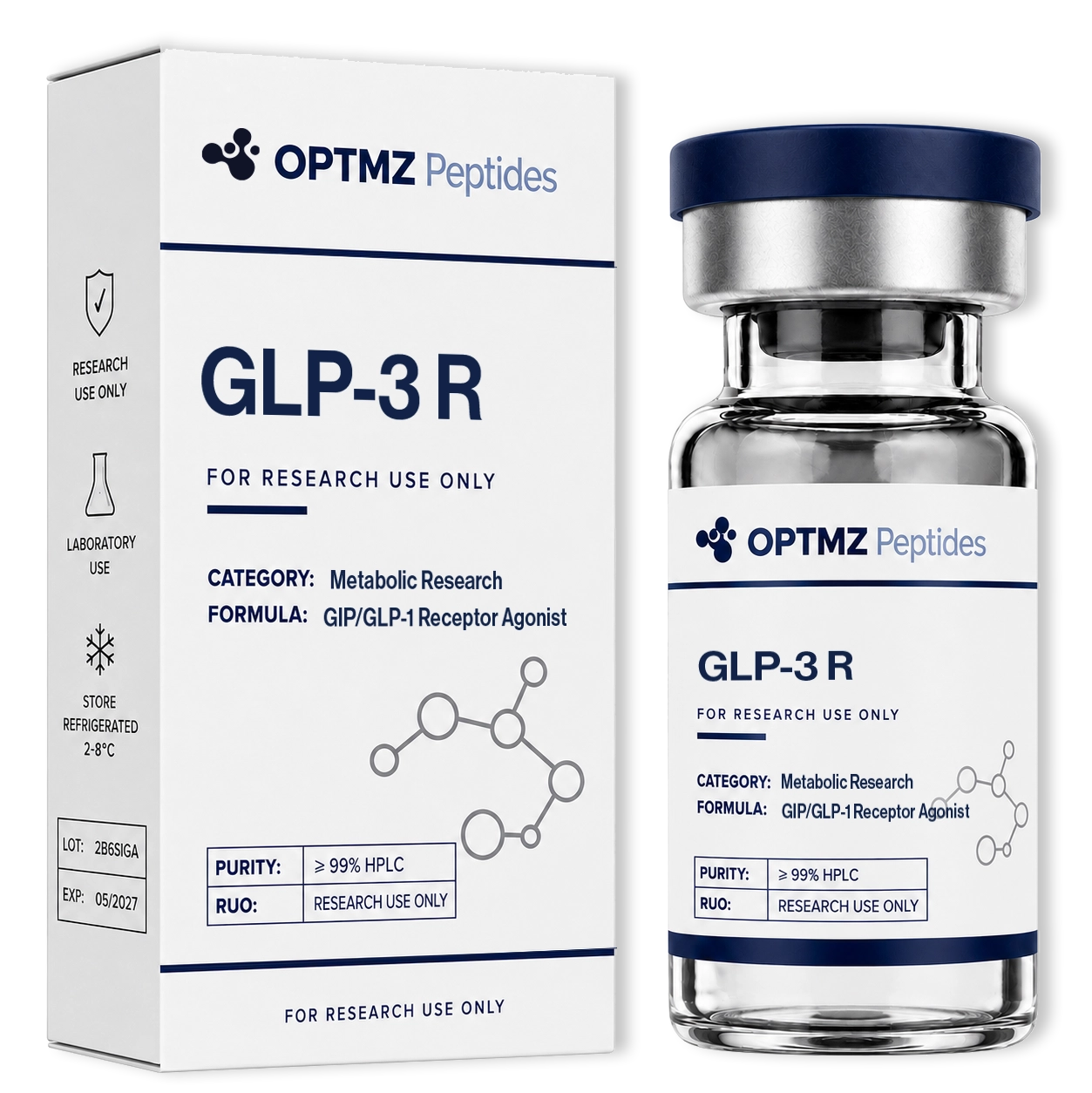 OPTMZ Peptides research vial and carton, labelled for research use only